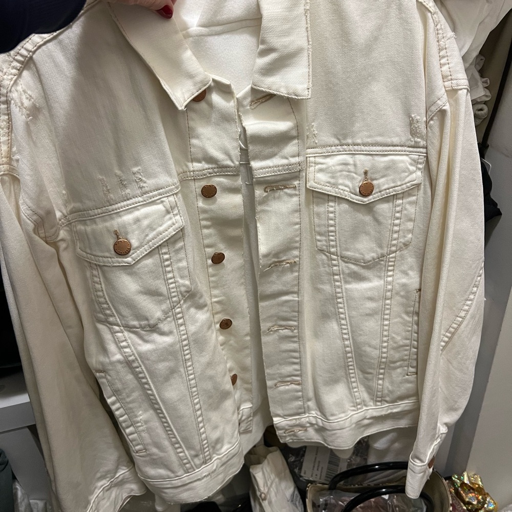 Free People Cream Oversize Distressed Denim Jean Jacket